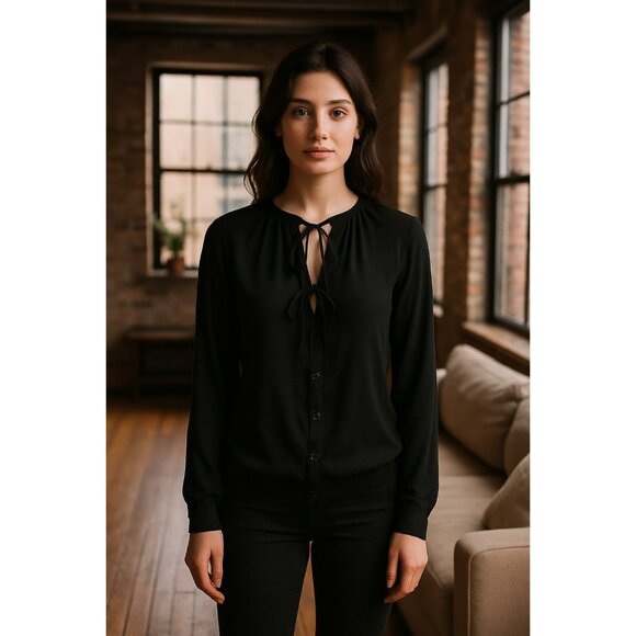 Minimalist Chic Mélissa Nepton Black Tie-Front Button Blouse Women’s P/S - Picture 1 of 9